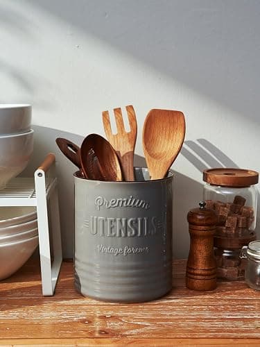 DOWAN 7.2″ Extra Large Kitchen Utensil Holder - Farmhouse Utensil Holder for Countertop - Ceramic Utensil Crock with Protection Cork Mat - Kitchen Decor & Housewarming Gift (Grey) thumbnail 2