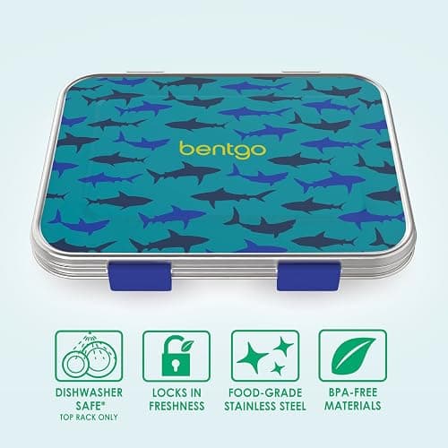 Bentgo Kids Stainless Steel Prints Leak-Resistant Lunch Box - 3-Compartments with Bonus Silicone Container, Durable, Eco-Friendly, Dishwasher Safe, BPA-Free, Ideal for School, Ages 3+ (Shark) thumbnail 4