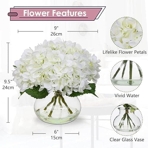 Hollyone Hydrangea Artificial Flowers with Vase White Silk Fake Flowers Arrangements in Glass Vase with Faux Water for Home Bathroom Office Table Centerpiece Shelf Decorations thumbnail 3