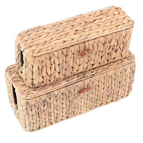 Set 2 Wicker Cable Management Box with Lid 2 Open Slots -Large Cord Box Hider-15 inch Desk Cable Management Basket-Handwoven Cable Organizer Box-Decorative Box to Hide Cords and Power Strip - Image 1