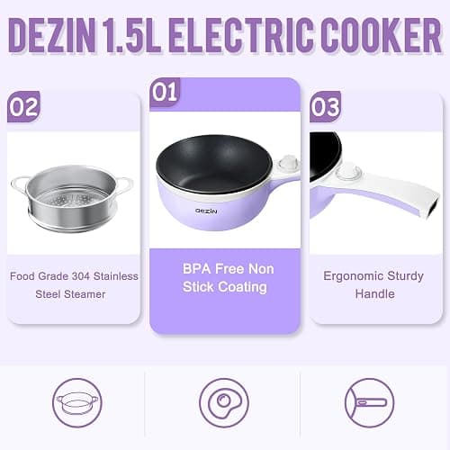 Dezin Hot Pot Electric Upgraded, Non-Stick Sauté Pan, Rapid Noodles Electric Pot, 1.5L Mini Portable Hot Pot for Steak, Egg, Fried Rice, Ramen, Oatmeal, Soup with Power Adjustment - 1.5L(Without Steamer) - Beige thumbnail 7