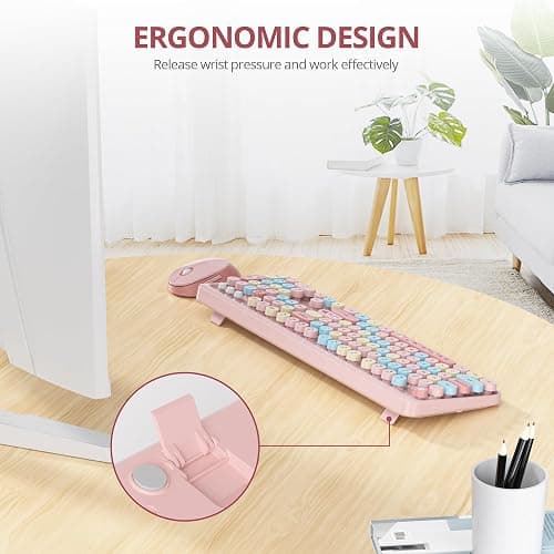 SbocKeeb Pink Keyboard and Mouse Wireless, American QWERTY Cute Typewriter Wireless 2.4GHz Colorful Full Size Keyboard with Number Pad, for Windows PC Laptop,Colorful Pink thumbnail 4