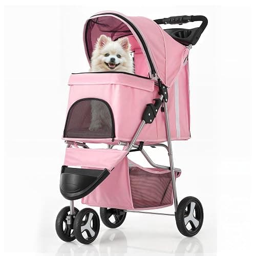 MoNiBloom 3-Wheels Foldable Pet Stroller with Waterproof Cover, Pet Strolling Cart for Small/Medium Dogs and Cats with Storage Basket and Cup Holder, Breathable and Visible Mesh for All-Season, Pink - Image 1