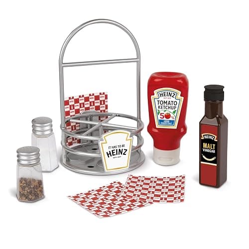 Casdon Heinz Sauce Caddy | 9-Piece Play Kitchen Set for Kids Aged 3+ | Includes Pretend Tomato Ketchup, Vinegar, Salt & Pepper Shaker, Napkins, and Caddy. - Image 1