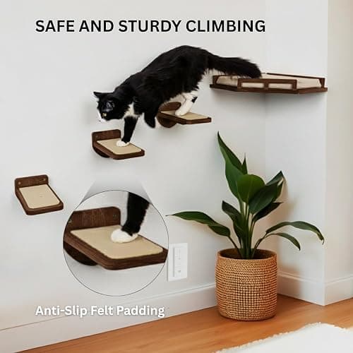 INICIO Cat Wall Shelves - Safe and Sturdy Cat Wall Furniture - Stylish Natural Wood Corner Shelf with 3 Steps for Cats up to 15lbs - Cushioned Perch and Stairs for Climbing and Playing - Dark Brown thumbnail 6
