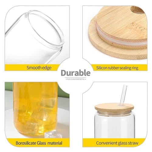 YOUKE OLA 20 Pack Glass Cups with Bamboo Lids and Glass Straw 16oz Beer Can Shaped Drinking Glasses Cups, Glass Tumbler Reusable Cute Cups for Whiskey, Iced Coffee, Tea, Soda, Cocktail, Gift, Clear thumbnail 4