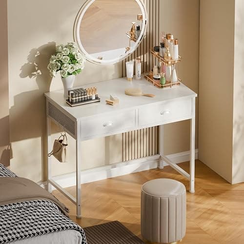 Furologee White Small Computer Desk with 2 Fabric Drawers for Bedroom,34 Inch Simple Home Office Writing Desk, Vanity Desk with Hooks, Study Table for Adults Student Small Spaces thumbnail 6