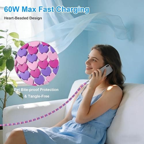 AIAUXAI USB C to USB C Cable,6FT Beaded Charger Charging Cord,Pink-Purple | 60W Cute Type C Phone Charger Cord for iPhone 18 Pro Max 17 16/iPad&CarPlay,for Samsung S26 S25 Ultra A17 Android Girls Women thumbnail 3