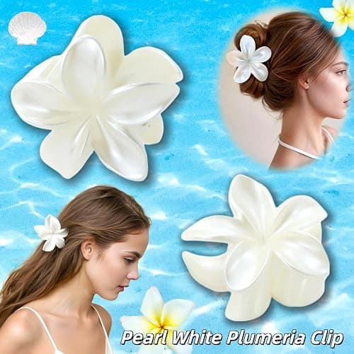 2 Pcs Pearl White Plumeria Claw Clips - Pretty Hawaiian Flower Hair Clips Cute Floral Hair Accessories for Wedding Tropical Beach Vacation Luau Parties thumbnail 2