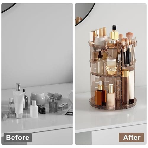 Rotating Makeup Organizer Countertop, DIY Adjustable Trays Spinning Skincare Organizers, Cosmetic Display Shelf with Perfume & Brush Holder, Multi-Function Desk Storage Carousel for Vanity Bathroom thumbnail 6