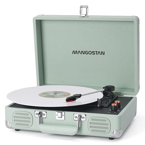 MANGOSTAN Record Player 3 Speed Bluetooth Portable Suitcase, Vinyl Phonograph with Built-in Bass & Speakers, Belt-Driven LP Player Support AUX-in RCA Line Out Headphone Jack, Green - Image 1