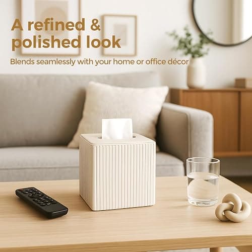KALEKAIL PU Leather Tissue Box Cover, Square Tissue Box Holder with Magnetic Closure, Modern Cube Tissue Covers Tissue Holders for Bathrooms, Ivory White thumbnail 8