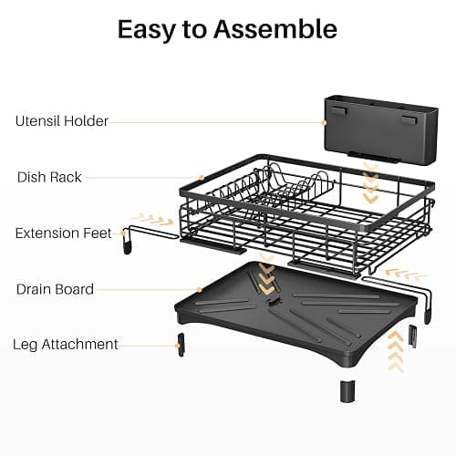 Dish Drying Rack - Extendable Dish Rack, Large Sink Drying Dish Drainer for Kitchen Counter, Stainless Steel Dish Strainer with Utensil Holder (Black) - Black thumbnail 8