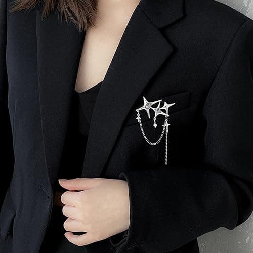 Punk Silver Star Moon Tassel Chain Brooch Collar Pins,Vintage Safety Cubic Zirconia Crystal Chain Tassel Brooch,Brooch Pins Shawl Clips for Women Girls thumbnail 4