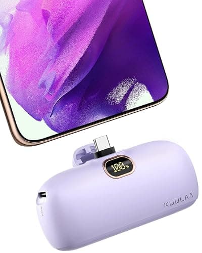 Kuulaa Portable Charger USB C with Built-in USB-C Plug, 5000mAh PD20W Fast Charging Power Bank, LCD Digital Display Battery Pack for iPhone 15/16,Samsung S22/S23 & Android (Purple) - Image 1