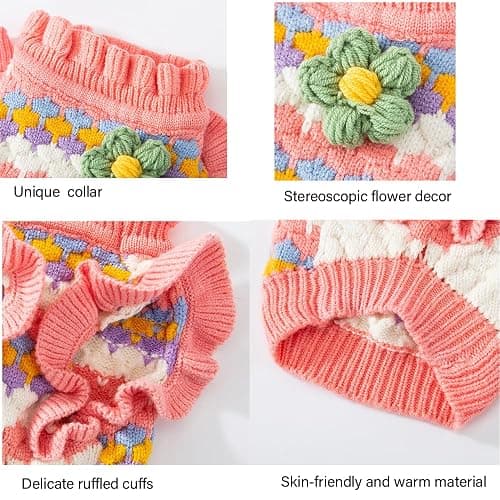 Anelekor Small Dog Sweater, Knitted Tulip Cat Sweater, Warm Thick Holiday Puppy Clothes for Small Dog Girl,Cold Weather Outfit for Kitten Chihuahua Yorkie Teacup Dachshund Pug (Pink, X-Small) thumbnail 4