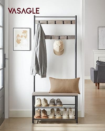 VASAGLE Coat Rack, Hall Tree with Shoe Storage Bench, Entryway Bench with Shoe Storage, 3-in-1, Steel Frame, for Entryway, 12.6 x 27.6 x 68.9 Inches, Industrial, Greige and Black UHSR41MB thumbnail 2