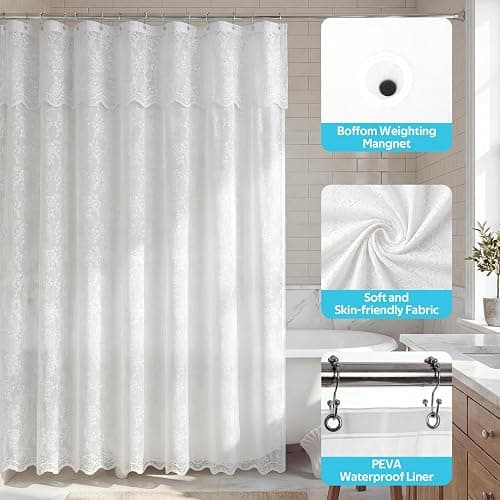 Nesphy Lace Shower Curtain with Liner Set, White 3-in-1 Shower Curtain with Attached Valance, Floral Vintage Sheer Scalloped French Country Bathroom Decor, Includes 12 Stainless Steel Hooks, 72 x 72 thumbnail 4