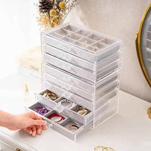 ProCase Earring Holder Organizer Jewelry Box with 8 Drawers, Acrylic Clear Earring Case with Adjustable Velvet Trays for Women - Grey, 8 Layers thumbnail 2