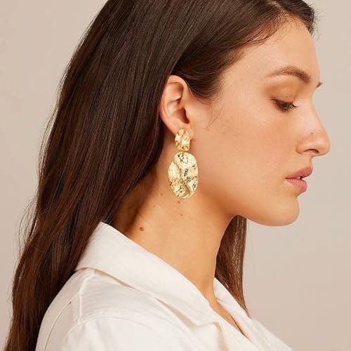Chunky Gold Earrings for Women - Hammered Gold Plated Dangle Drop Jewelry Gifts thumbnail 3
