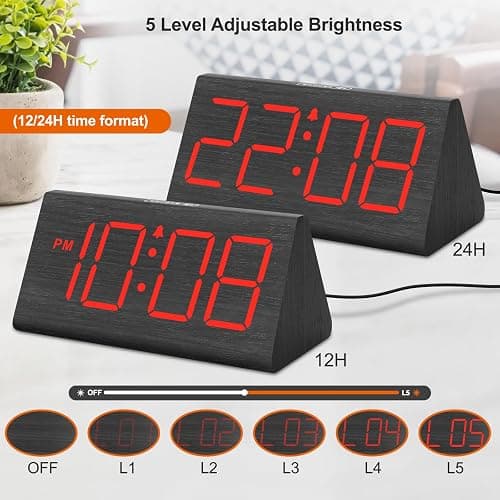 DreamSky Wooden Digital Alarm Clocks for Bedrooms - Electric Desk Clock with Large Red Numbers, USB Port, Battery Backup Alarm, Adjustable Volume, Wood Décor, Dimmer, Snooze, DST (Adapter Powered) thumbnail 5