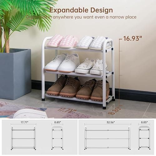 Gonfoam Shoe Rack for Closet, Expandable Shoe Organizer Storage Shelf, Adjustable Metal Free Standing Small Closet Shoe Rack for Entryway, Doorway (3-Tier White) thumbnail 2