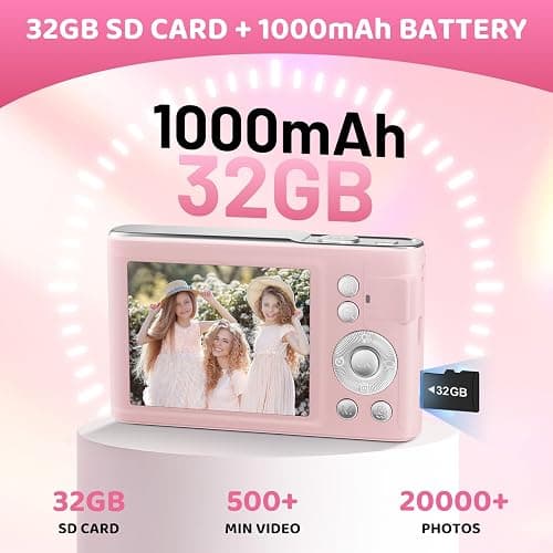 Digital Camera, 48MP FHD 1080P Point and Shoot Camera with 16x Zoom, Anti Shake Autofocus Compact Camera with 32GB Card for Kids, Beginners, Teens, Pink thumbnail 5