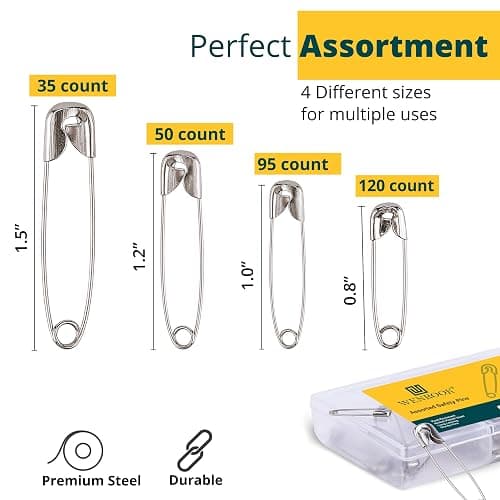 Wenrook 300 Pack Safety Pins Assorted, 4 Different Sizes, Strong Nickel Plated Steel, Safety Pins for Clothes, Crafts, Pinning and More thumbnail 2