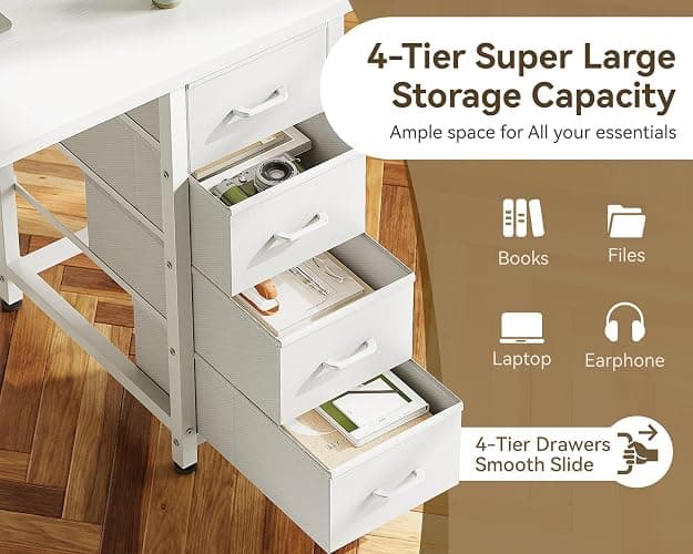 ODK 40 Inch Small White Computer Desk with 4 Fabric Drawers, Modern Office Desk for Home Office Gaming with Storage Shelves Study, White thumbnail 4