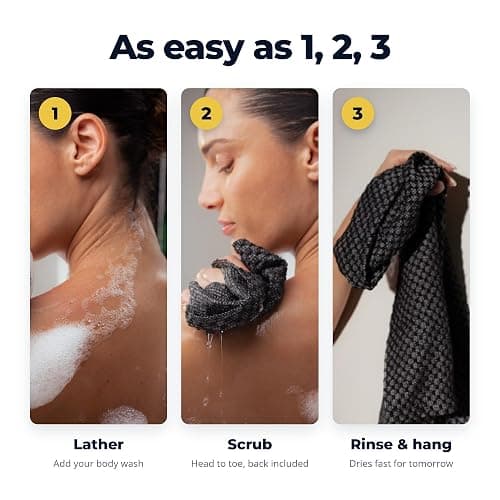 Sima Brand Exfoliating Washcloth Face & Body Scrub Towel - Japanese Exfoliating Towel with Hexagon Fibers, Body Scrubber with 2 Sides for Scrubbing & Washing, Extra Long Body Towels (Black) | Japanese Exfoliating Washcloth with Hexagon Fibers, 2 Sides for Scrubbing & Washing, Extra Long Bath Towel thumbnail 3