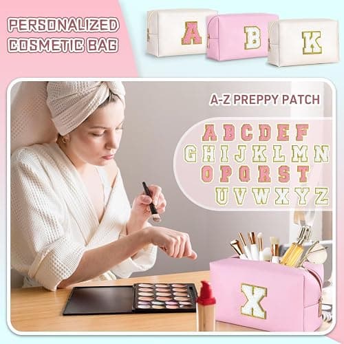 TOPEAST Initial Makeup Bag - Christmas Gifts for Teen Girls Kids, Birthday Gifts for 4 5 6 7 8 9 10 11 12 Year Old Teen Girls, Personalized Preppy Cosmetic Bags Toiletry Bag (Pink A) thumbnail 4