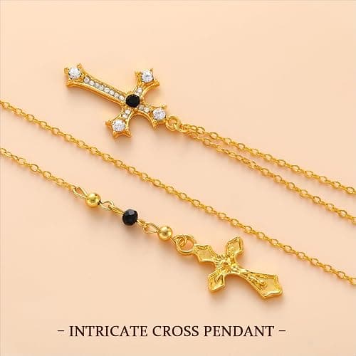 4PCS Layered Gold Cross Necklaces for Women Trendy, Bohemian Bead Pearl Y Long Pendant Necklace Set, Vintage Rosary Necklace Stack Adjustable Length thumbnail 7