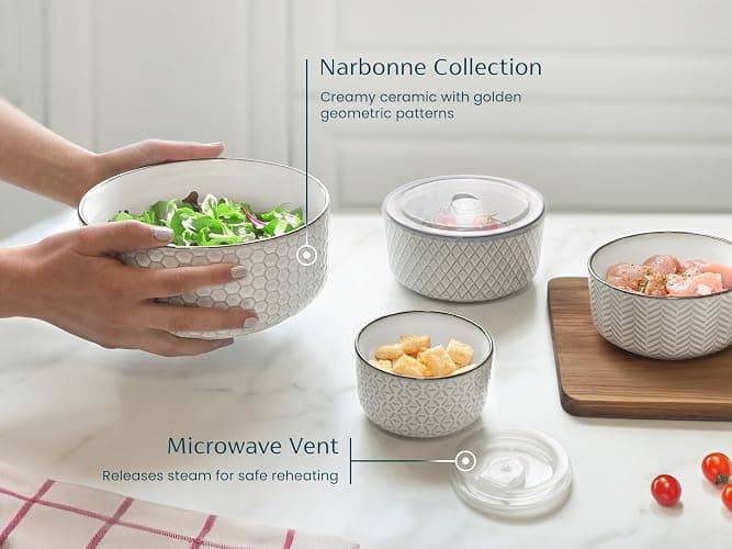 KooK Ceramic Nesting Bowls, with Lids, Serving, Set of 4, Embossed, Kitchen, Prep, Mix, Gift, Housewarming, Microwave and Dishwasher Safe, 10/16/29/47 oz, Narbonne Collection (Ivory) thumbnail 5