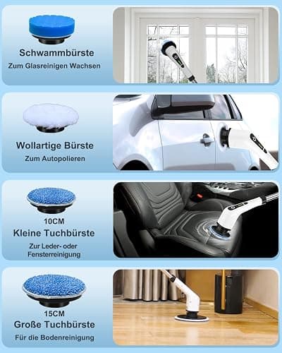 Elektrische Reinigungsbürste,Electric Spin Scrubber schnurlos mit 8 austauschbaren Bohrbürstenköpfen, Wanne und Bodenfliese mopSet mit 137cm verstellbarem Griff für Bad Küche Auto Fußboden (Weiß) thumbnail 6