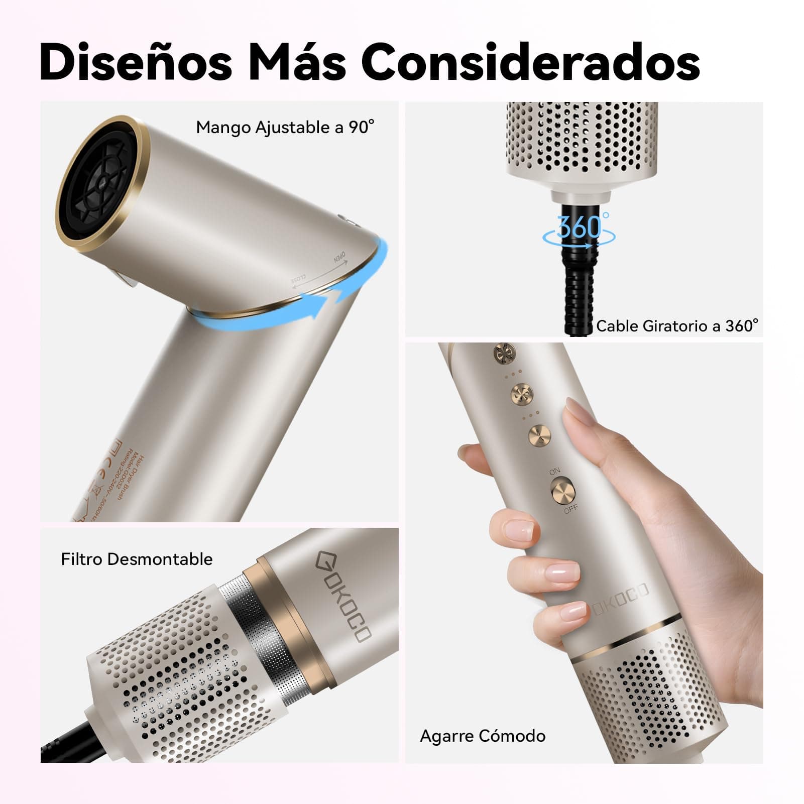 Secador de Cabello alta Velocidad 7 en 1 Kit Profesional, 120000rpm Boquillas + Cepillo + Rizador de Pelo, Tecnología Iónica Secadora de Pelo para Rizar, Voluminizar y Alisar, Oro thumbnail 7