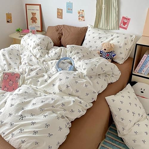 Covebett Bettwäsche 135x200 Mädchen Weiß mit Schwarz Schleifen Kinder Bettbezug 2teilig Aesthetic Kawaii Weich Renforcé Microfaser Einzelbett Deckenbezug Reißverschluss und Kissenbezug 80x80cm thumbnail 5
