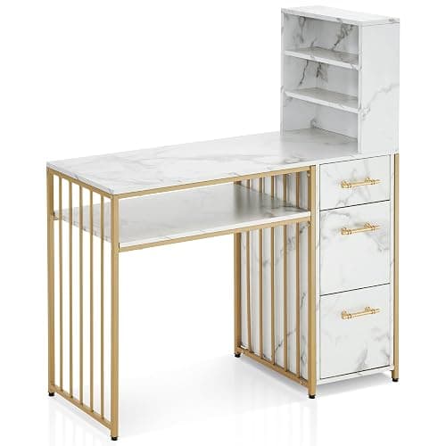 BarberPub Manicure Table with Drawers, Marbling Texture Nail Desk with Storage, Spa Beauty Salon Station, Modern Workstation with Open Shelves 2423 (White) - Image 1