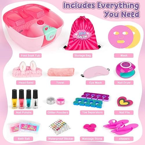 Kids Foot Spa & Nail Kit - Kids Spa Day Kit for Girls with Mask Foot Bath and Nail Dryer - Manicures Pedicure Toy Kit Nails Art Salon Girl Stuff - Christmas Birthday Gifts for 6 7 8 9 10-12 Year Old thumbnail 2