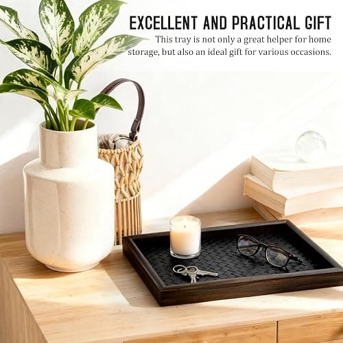 Wooden Valet Tray Desk Organizer with Leather Base,Nightstand, Entryway Bedside Dump Holder for Wallets, Keys, Watches, Jewelry & Sunglasses thumbnail 6