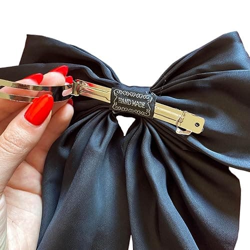 Yuyeran 2Pcs Super Big Bow Hair Clips French Style Soild Color Knotted Bowknot Spring Snap Barrettes Hair Clips with Long Ribbon for Women Girls (WineRed+Black) thumbnail 4