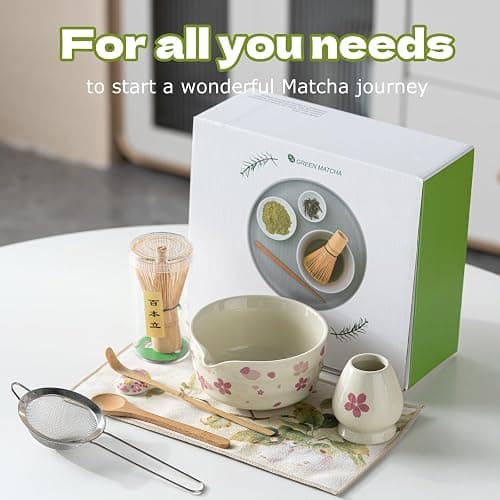 Grnstf Matcha Set 8-Piece Japanese Tea Ceremony Kit with Ceramic Bowl, Bamboo Whisk & Holder, 2 Scoops, Strainer, Tea Cloth - Complete Gift Set for Traditional Brewing(Gradient flower) thumbnail 8