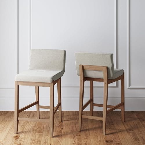 Nathan James Gracie Modern Counter Height Bar Stool with Back, Counter Stool Upholstered Chair with Natural Flax White Fabric and Brushed Wooden Legs, Natural Flax/Brown, Set of 2 - Image 1