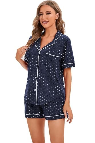 LUBOT 100% Cotton Pajamas for Women 2 Piece PJ Set Button-Down Soft Knit Short Sleeve Summer Sleepwear Loungewear XS-XXL thumbnail 6