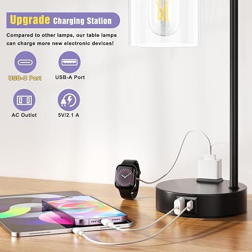 Industrial Touch Table Lamps for Bedrooms Set of 2 - 3-Way Dimmable Nightstand Lamps with USB C+A Ports and Outlet, Black Bedside Lamps with Glass Shade for Living Room, Desk Lamps for Home Office thumbnail 2