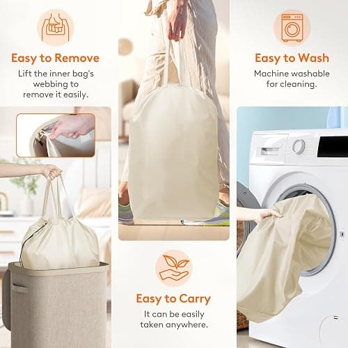 Lifewit 105L Laundry Basket with Lid, Large Laundry Hamper with Plastic Handles and Removable Bag, Foldable Tall Dirty Clothes Hampers for Laundry for Laundry Room, Bedroom, Bathroom, Dorm, Beige thumbnail 3