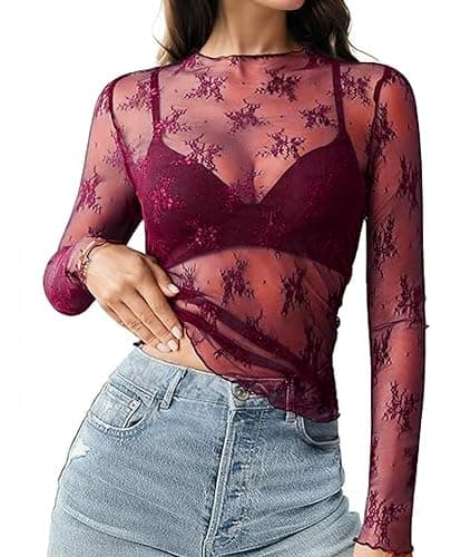 siliteelon Lace Tops for Women Mesh Long Sleeve Top Sheer Lace Shirt Floral Mock Neck Party Club Lace Undershirt thumbnail 5