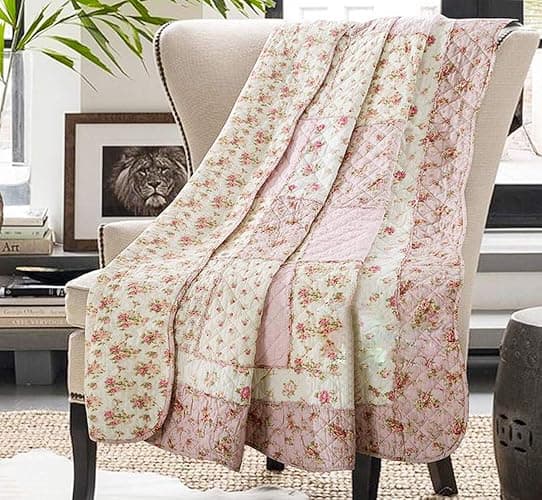 Cozyholy Original 100% Cotton Patchwork Quilt Twin Size Pink Floral Bedspread Coverlet Reversible Vintage Shabby Chic Quilted Throw Blanket Bed Quilt Cover for Couch Sofa - Image 1