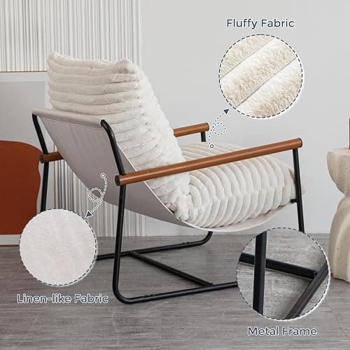 MAXYOYO Accent Chair, Sherpa Arm Chair for Living Room, Mid Century Modern Accent Chairs, Boucle Reading Bedroom Chair, Teddy Armchair, Wooden Arms Metal Frame - White thumbnail 7