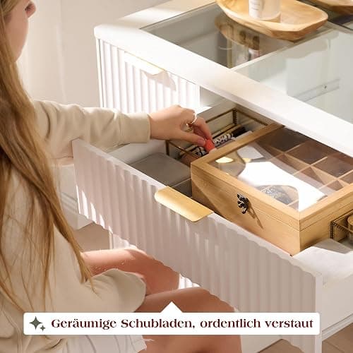 LUXOAK Schminktisch mit Spiegel & 10 LED-Lampen, Großer Frisiertisch mit Glasplatte & Steckdose, 7 Schubladen & Föhnhalterung, Moderner Kosmetiktisch für Schlafzimmer (Weiß, 120 x 39.8 x 136.4 cm) thumbnail 6