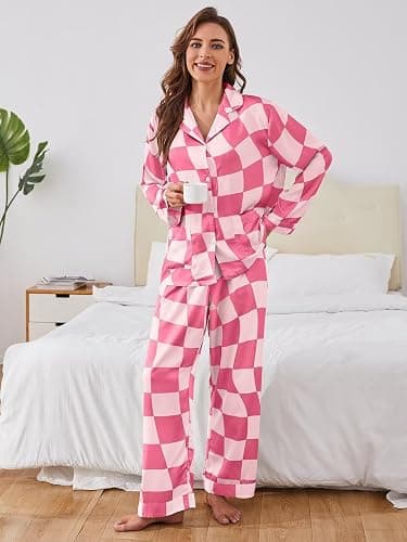 Brosloth Womens Silk Pajamas Button Up Pajama Soft Long Sleeve Satin Printed Loungewear Set thumbnail 2